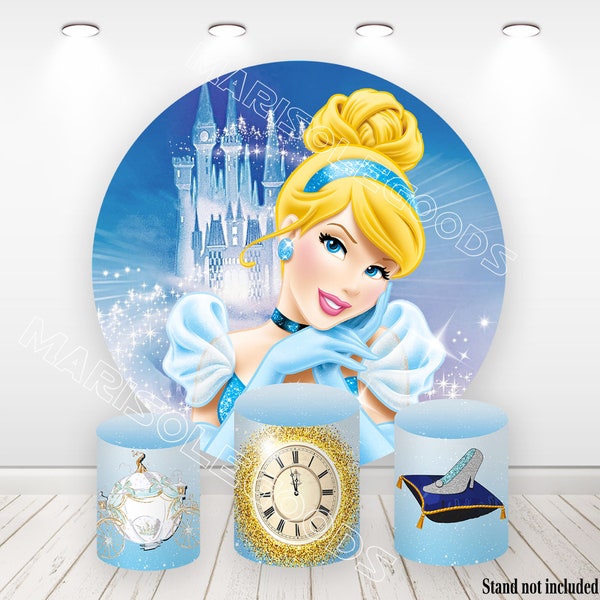 Cinderella Round Backdrop Princess Ella Photo Background Fabric Elastic Cylinder Covers Girls Birthday Party Plinth Covers