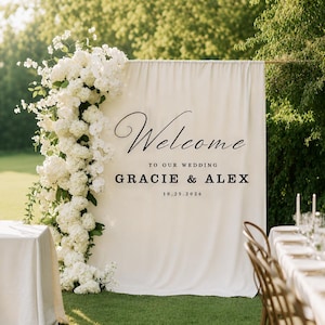 パーソナライズされた結婚式ウェルカムフォト背景：ミニマルなウェルカムサイン婚約パーティー背景装飾バナー