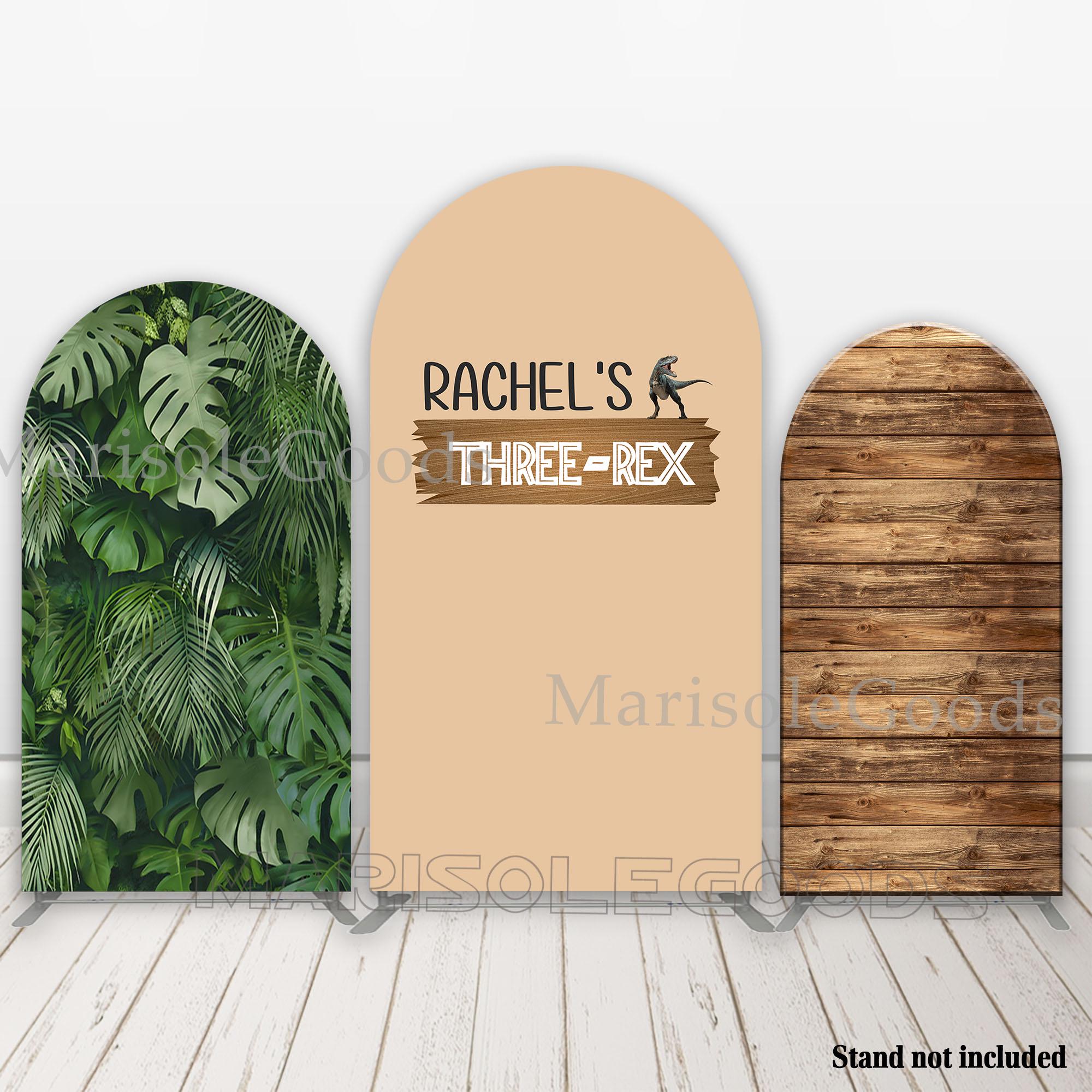 Three Rex Birthday Arch Backdrop Cover Dinosaur Party Fabric Chiara Background Green Leaves Wood Texture Photo Back drop Cover