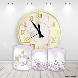 Fondo redondo con diseño de Érase una vez, cubierta de tela elástica para fiesta de cumpleaños con reloj de princesa y cubiertas de pedestal con cilindros