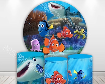 Fish Nemo couverture de toile de fond ronde tissu Photo de fond couvertures de cylindre élastiques couvertures de socle de fête d'anniversaire