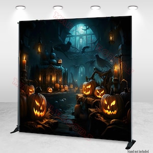 Fondo fotográfico para festival de Halloween: Castillo de calabazas. Banner de vinilo y poliéster.