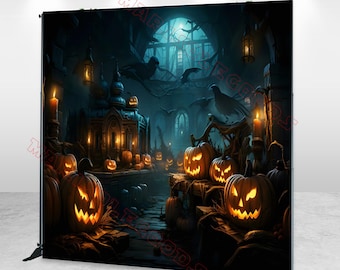 May include: A Halloween-themed backdrop featuring a spooky scene with glowing jack-o'-lanterns, a gothic building, and bats. The backdrop is dark with a blue and orange color scheme, creating a haunted atmosphere. Candles and lanterns add to the eerie ambiance.