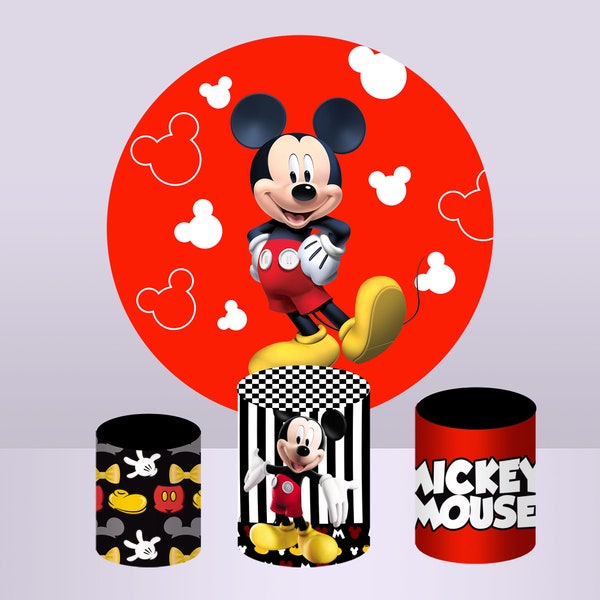 Mickey Mouse Round Backdrop Fabric Elastic Cylinders Covers Photo Background Birthday Party Plinth Covers