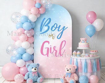 May include: A gender reveal party backdrop with pink and blue balloons, teddy bears, and a cake. The backdrop reads "Boy or Girl" in blue and pink script. A table displays cupcakes and treats.