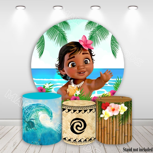 Couverture ronde en tissu Moana pour bébé, couverture de cylindre de fête pour filles, couverture de plinthe de fête d'anniversaire pour Photo