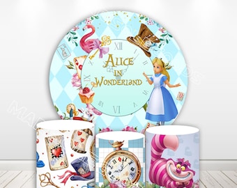 Alice in Wonderland Backdrop Fabric Elastic Cylinders Round Covers Girls Party Photo Background Birthday Party Plinth Covers