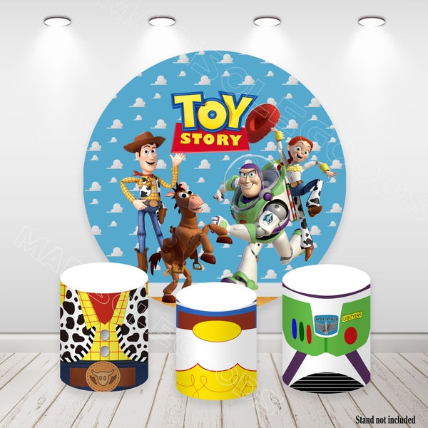 Toy Story-telón de fondo redondo, cubiertas de cilindros elásticos de tela, fondo fotográfico, cubiertas de pedestal para fiesta de cumpleaños
