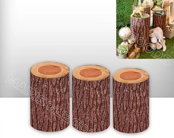 Wood Texture Cylinder Plinth Cover,Round Pedestal Jungle Safari Elastic Covers ,Metal Stands Covers