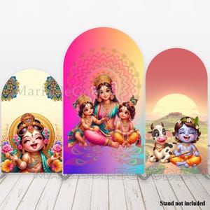 May include: Three colourful arch-shaped backdrops featuring Hindu deities. The centre backdrop shows a mother goddess with two children. The left backdrop shows a young boy with a crown and flowers. The right backdrop shows a young boy playing a flute with a cow.