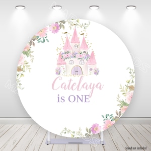 Castle Round Backdrop Cover with Flowers Princess Birthday Circle Polyester Photo Background with Elastic Band