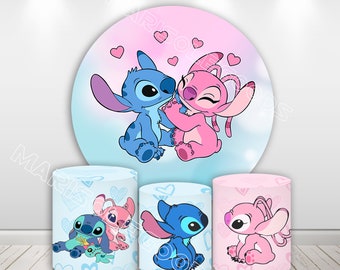 Toile de fond photo Lilo and Stitch, couvertures de cylindres élastiques en tissu, rose et bleu, couvertures de socle de panneau de fête d'anniversaire, rondes, roses et bleues