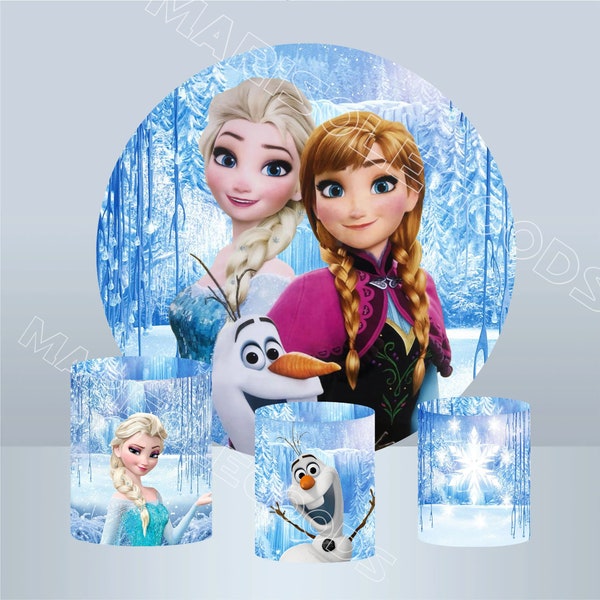 Frozen Round Backdrop Princess Elsa Anna Photo Background Fabric Elastic Cylinder Covers Girls Birthday Party Plinth Covers