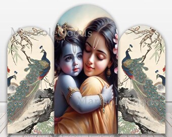 Achtergrond boog stof Krishna: Yasodha en Krishna, feestdecoratie pauw