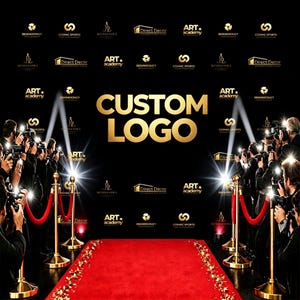 May include: A black step and repeat backdrop featuring the gold text CUSTOM LOGO and various repeating gold brand logos. A vibrant red carpet leads to the center, flanked by gold stanchions with red velvet ropes and photographers with cameras.