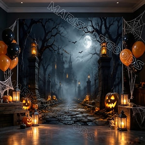 May include: A Halloween-themed backdrop featuring a spooky mansion, a full moon, and bare trees. The scene is framed by black and orange balloons, glowing jack-o'-lanterns, and lanterns on wooden crates. The text MARISOLEGOODS is visible.