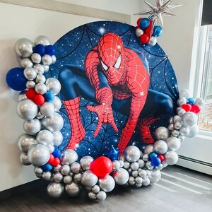 Toile de fond Photo Spiderman en tissu rond, couvertures de cylindres élastiques, couvertures de socle de photo de fête d'anniversaire image 3