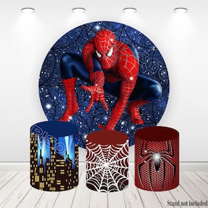 Toile de fond Photo Spiderman en tissu rond, couvertures de cylindres élastiques, couvertures de socle de photo de fête d'anniversaire image 1