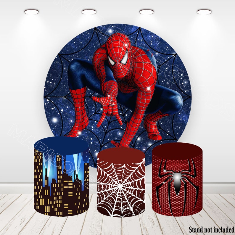 Toile de fond Photo Spiderman en tissu rond, couvertures de cylindres élastiques, couvertures de socle de photo de fête d'anniversaire image 1