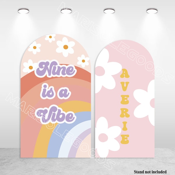 Groovy Covers Custom One Groovy Baby gewölbter BACKDROP Regenbogen weiße Blumen rosa Stoff-Fotoabdeckung