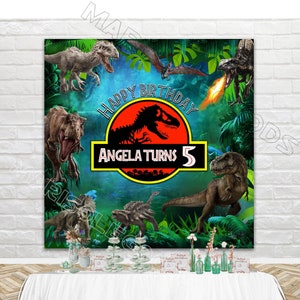 Jurassic Park Dinosaur Photo Backdrop Custom Kids Name Age Birthday Photography Background Forest Animals Photo Decor Banner