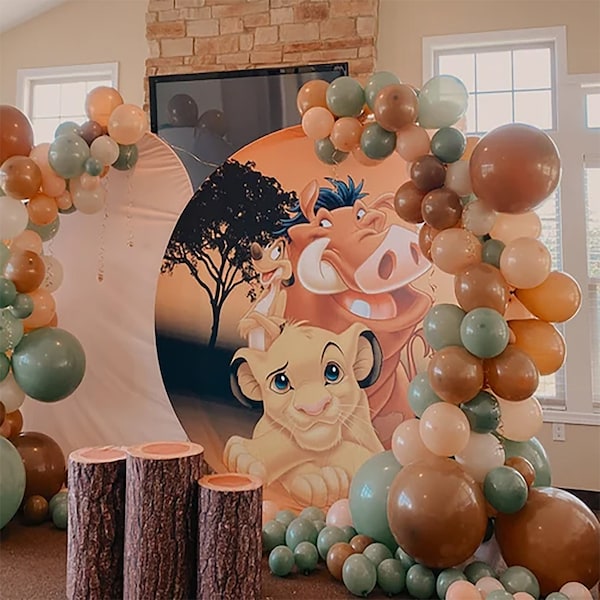 Lion King Round Backdrop Wood Texture Elastic Cylinder Covers Fabric Photo Background Birthday Party Plinth Covers