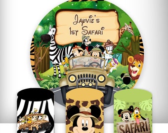 Mickey Safari Round Backdrop Elastic Cylinders Covers Photo Background Birthday Party Plinth Covers