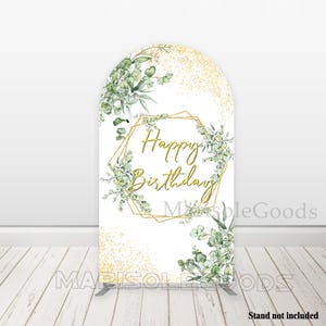 Alles Gute zum Geburtstag Bogen Backdrop Cover grüne Blätter Goldpunkte doppelseitiger Chiara Polyester Stoffbezug