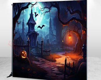 May include: A Halloween-themed backdrop featuring a spooky scene with a full moon, bats, and a haunted house. The artwork includes a glowing jack-o'-lantern, a winding path, and eerie trees, creating a dark and atmospheric setting.