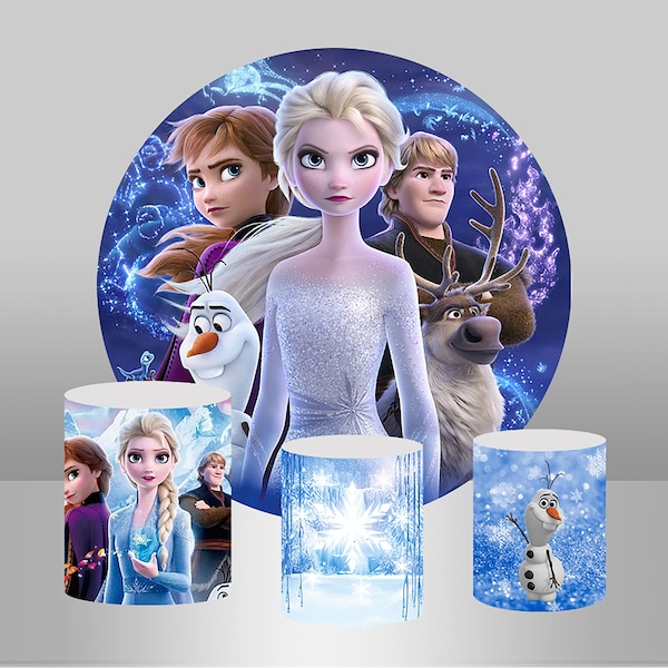 Frozen Round Backdrop Princess Elsa Anna Fabric Elastic Cylinders Covers Photo Background Birthday Party Plinth Covers