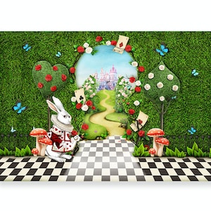 Alice in Wonderland Garden Photo Backdrop Kids Birthday Photography Background Vinyl Polyester Photo Studio Banner