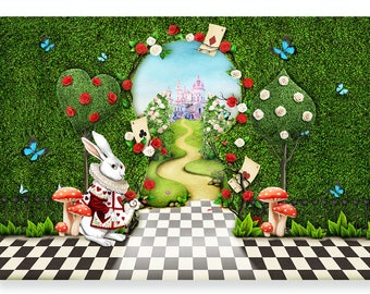 Alice in Wonderland Garden Photo Backdrop Kids Birthday Photography Background Vinyl Polyester Photo Studio Banner