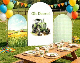 Toile de fond d'arc d'anniversaire de tracteur vert, véhicules de ferme de garçon de Oh Deere, décoration de fond de fête de granges de campagne signe de bienvenue