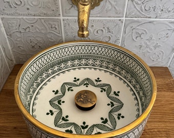 Moroccan washbasin gold rim 14K Artisanal Farmhouse Basin - Modern Turquoise Luxury Washbasin for Chic Bathrooms, for Home decor and Gift