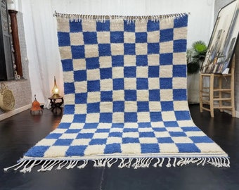 Tapis en laine noué à la main marocain à carreaux bleus Tapis tribal épais et chaud, tapis Boho, tapis boho marocain