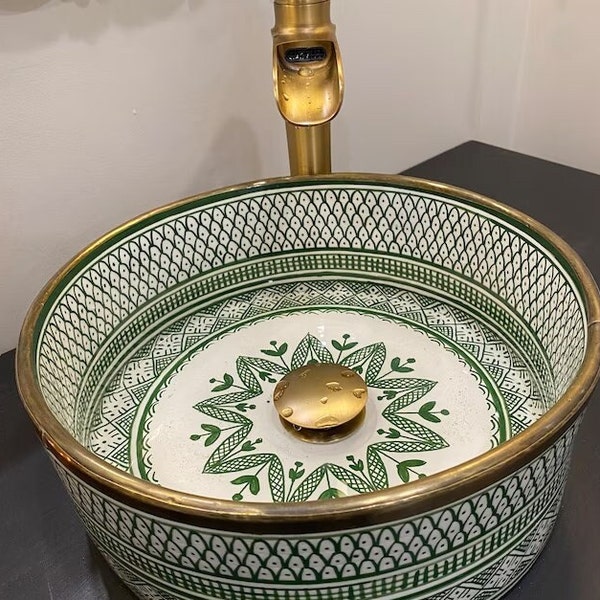 Fregadero de cerámica marroquí con borde de oro de 14K, hecho a mano y pintado a mano / fregadero hecho a mano/fregadero de cerámica / fregadero marroquí