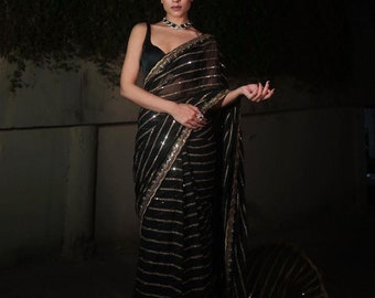 Black Georgette Sequence Work Saree, Saree for USA Women, Black Saree, Party Saree, Bollywood Saree, Saree Blouse, Sarees, Bollywood Saree.