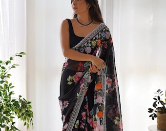 Classic Black Embroidered Georgette Saree with Blouse Piece For Women, Digital Print, Sequins Work, C Pallu, Designer Party Wear Saree, Sari