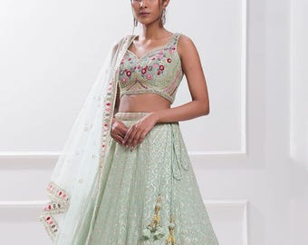 Designer Sky Blue Embroidered Georgette Semi Stitched Bridal Lehenga Choli For Women, Sequins Work, Digital Print, Mirror Work, Bridal Wear.