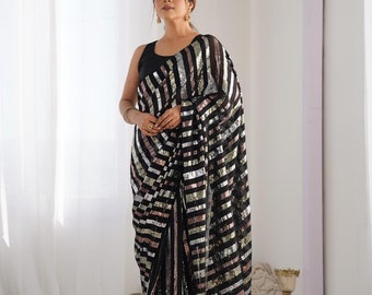 Black Georgette Sequence Work Saree, USA Women Saree, Party Wear Saree, Wedding Wear Saree, Women Saree, Festive Wear Saree, Tradition Saree