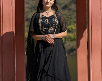Navratri Special Black Embroidered Georgette Ready Made Fully Stitched Lehenga Choli Set For Women, Jacket Koti Style Dupatta, Garba Outfit.