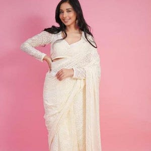 Off White Sequins Embroidered Ready to Wear Georgette One Minute Saree with Blouse, Designer Party Wear Saree, Red Wedding Saree, White Sari