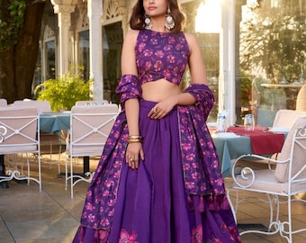 Summer Special Purple Floral Print Tussar Silk Semi Stitched Lehenga Choli for Womens & Girls, Bridal, Wedding and Party Wear Lehenga Choli