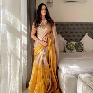 Elegant Beige Digital Print Soft Tissue Zari Shine Festival Wear Saree For USA Women, Haldi Function Saree, Ceremonial Party Saree, Tassels.
