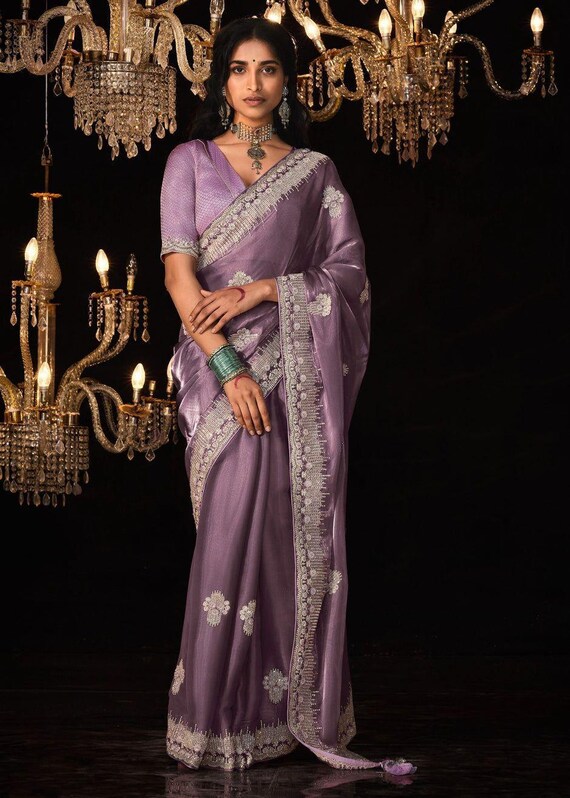 Elegant Purple Embroidered Organza Silk Saree for Women, Sequin