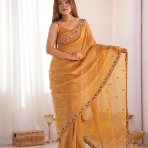 Trending Mustard Floral Embroidered Tissue Fesive Wear Saree, Sequins Work, Border Work, Ceremonial Outfit For USA Girls, Wedding Wear Saree