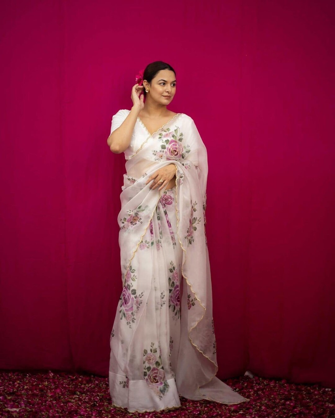 Women's Organza Silk Digital print Aari Work White Saree With Blouse Piece main image 0