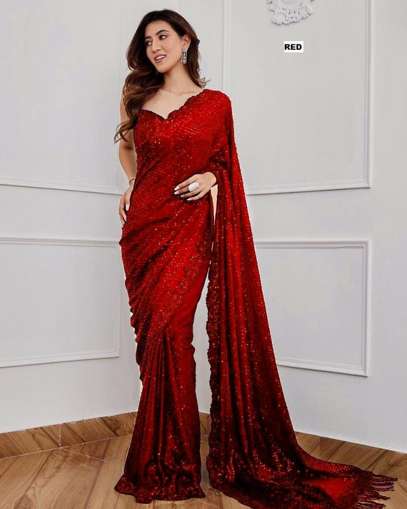 Red Georgette Sequence Saree, Saree for USA Women, Designer Saree, Party Wear Saree, Wedding Wear Saree, Saree with Blouse, Sarees, Sari