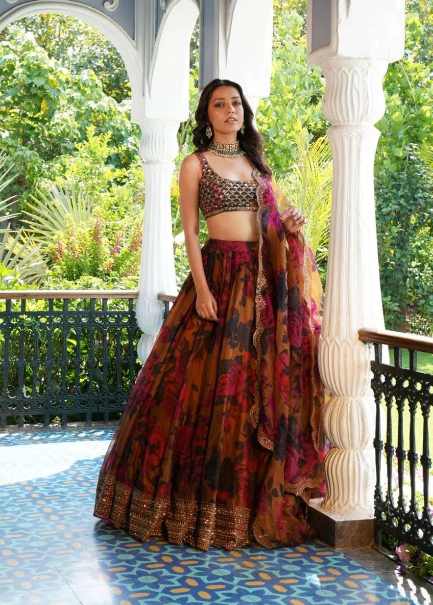 Elegant Brown Embroidered Tabby Organza Ready-Made Fully Stitched Party Wear Lehenga Choli For Women, Thread & Sequins Work, Festive Outfit.