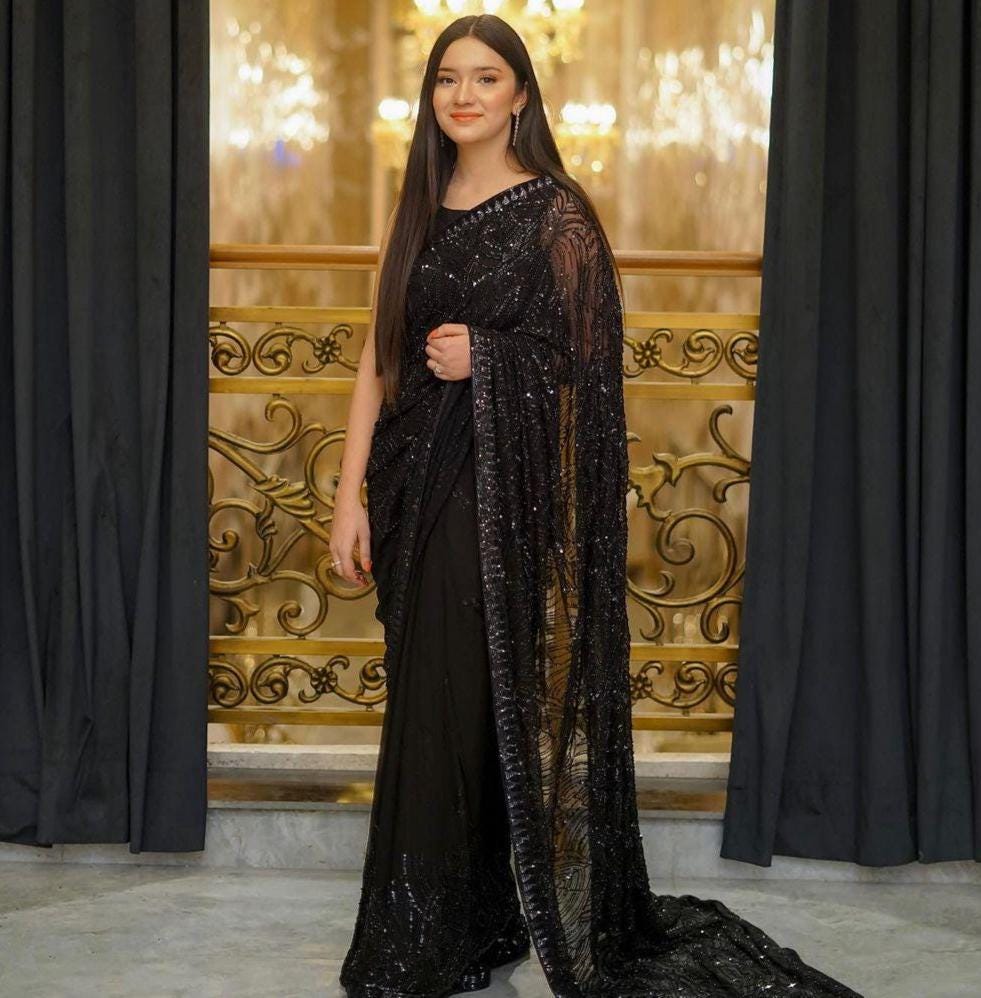 Black Soft Georgette Sequins Work Saree, Saree for USA Women, Designer Saree, Party Wear Saree, Wedding Saree, Saree Blouse, Sarees, Sari.